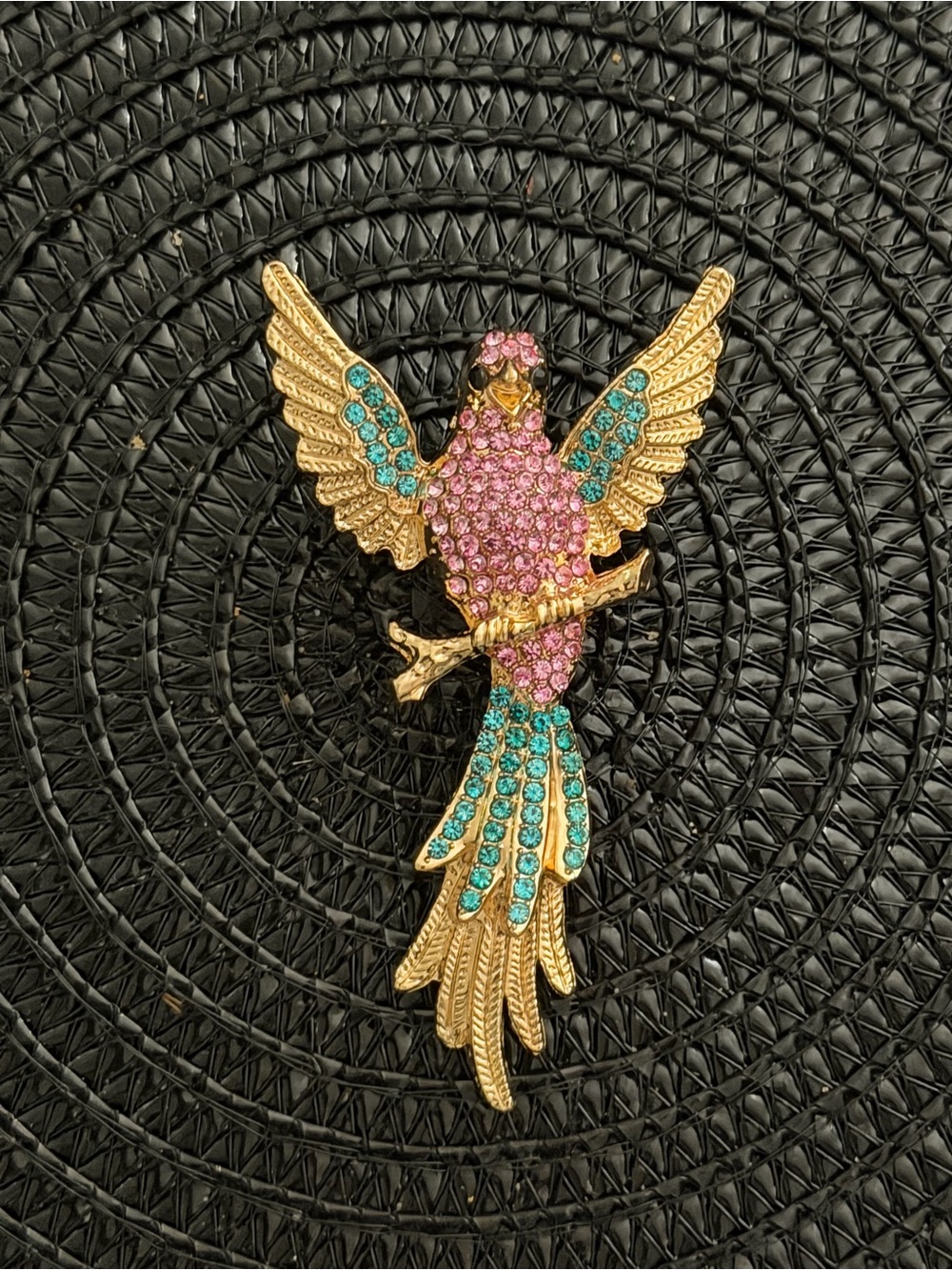Gold Parrot Brooch with Pink and Teal Crystals